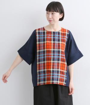 リネンチェックパッチワークブラウス(オレンジ-F)