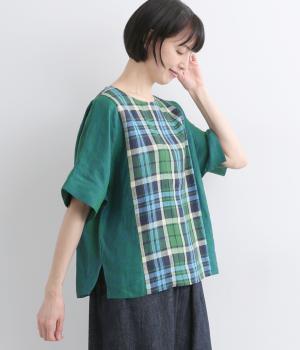 リネンチェックパッチワークブラウス(グリーン-F)