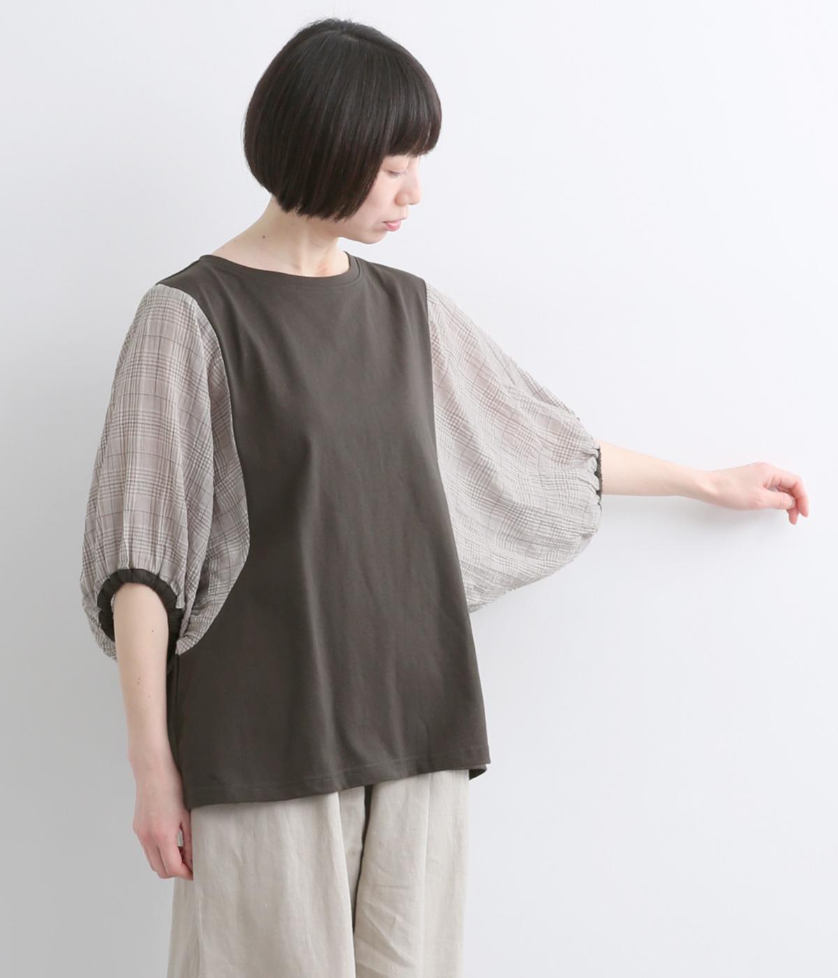 シャーリングチェック無地コンビブラウス(グレー-F)