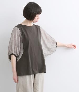 シャーリングチェック無地コンビブラウス(グレー-F)