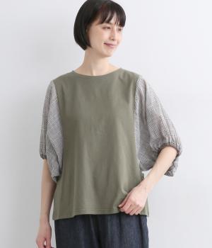 シャーリングチェック無地コンビブラウス(グリーン-F)