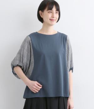 シャーリングチェック無地コンビブラウス(ネイビー-F)