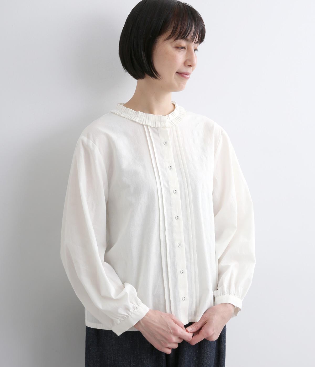 コットンボーダージャカードプリーツ襟ブラウス(オフホワイト-F)