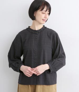 コットンボーダージャカードプリーツ襟ブラウス(ブラック-F)