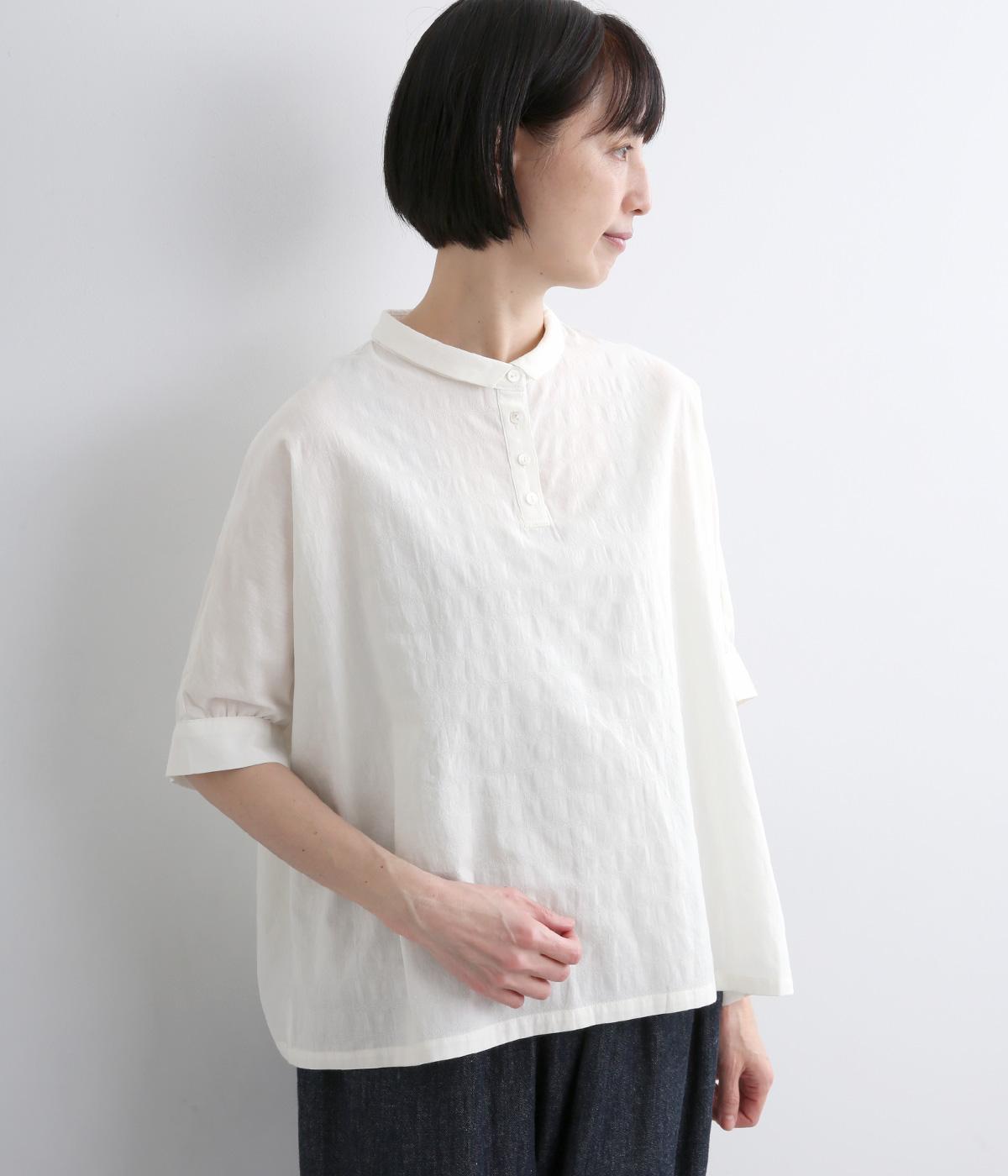 コットンボーダージャカードチビ襟ブラウス(オフホワイト-F)