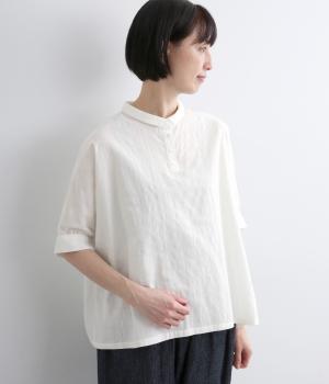 コットンボーダージャカードチビ襟ブラウス(オフホワイト-F)