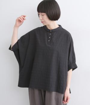 コットンボーダージャカードチビ襟ブラウス(ブラック-F)