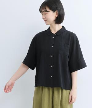 コットンドビー織　ポケット付きブラウス(ブラック-F)