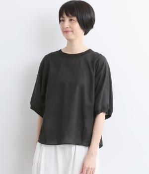 リネンコットン平織　後ろタックブラウス(ブラック-F)