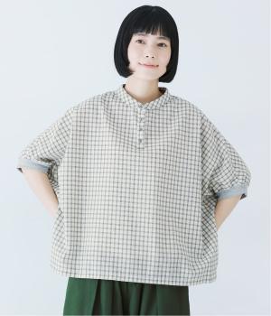 さらっと涼しいチェックの袖リブワイドシャツ