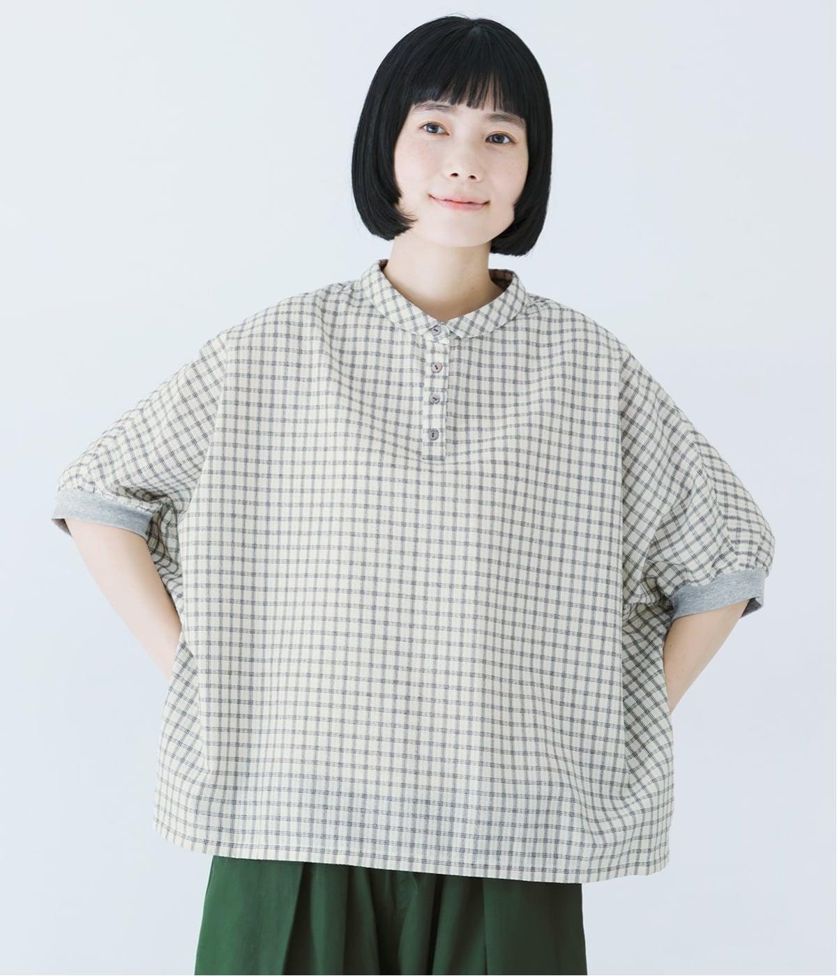 さらっと涼しいチェックの袖リブワイドシャツ(オフホワイト-F)
