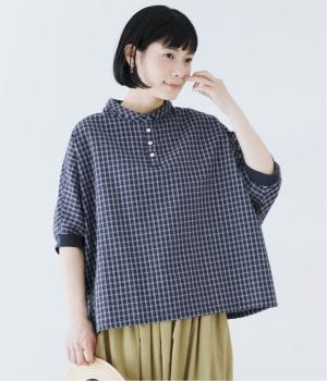 さらっと涼しいチェックの袖リブワイドシャツ(ネイビー-F)