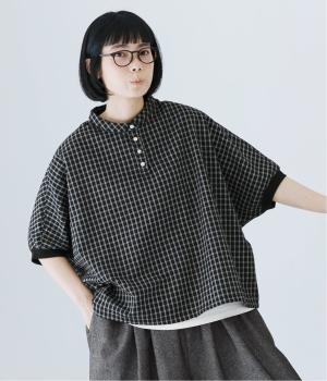 さらっと涼しいチェックの袖リブワイドシャツ(ブラック-F)