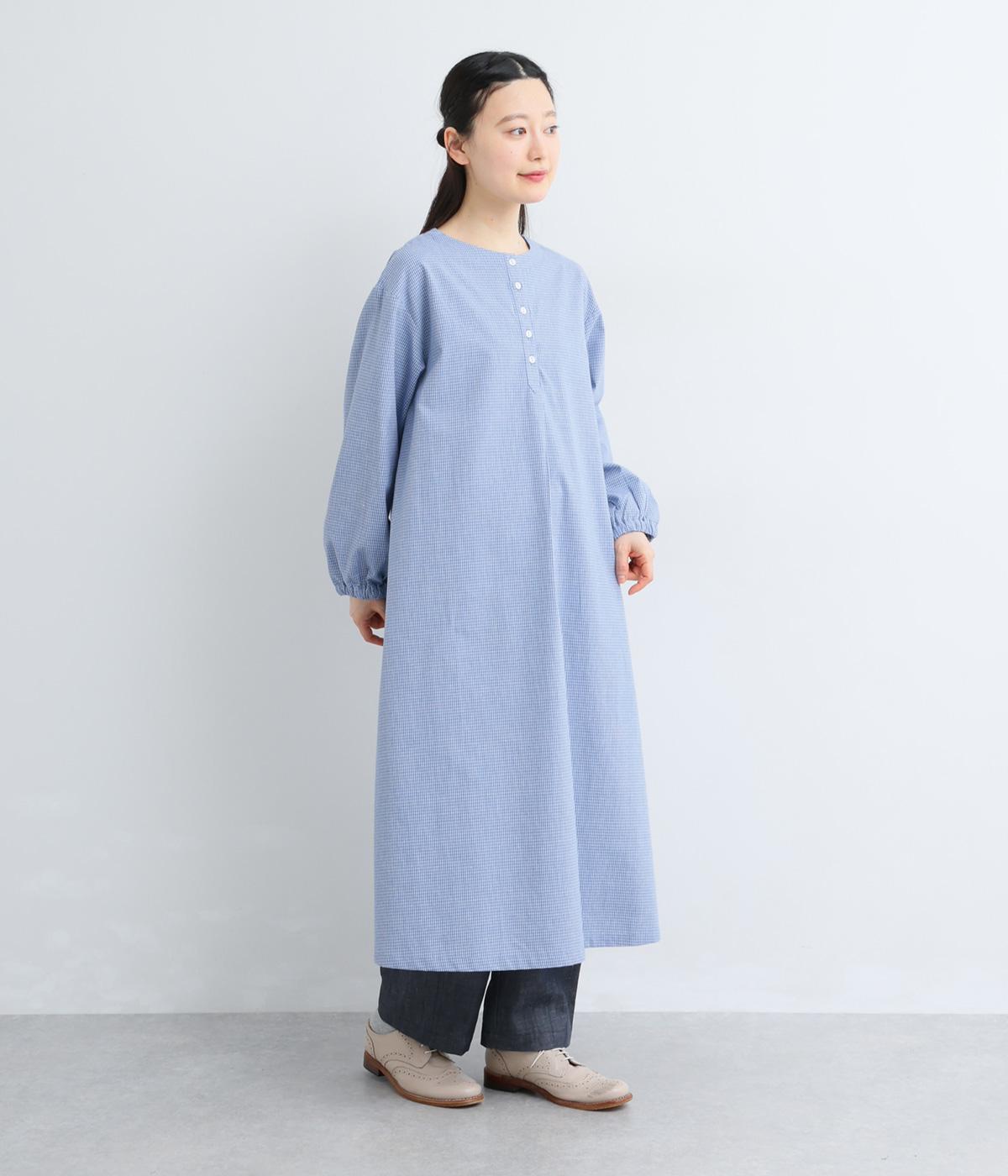 コットン混　平織チェックワンピース(ブルー-F)