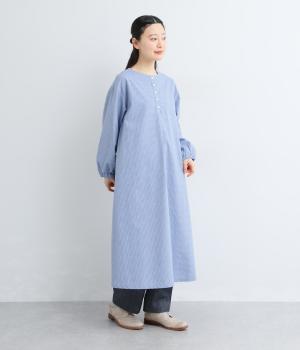 コットン混　平織チェックワンピース(ブルー-F)
