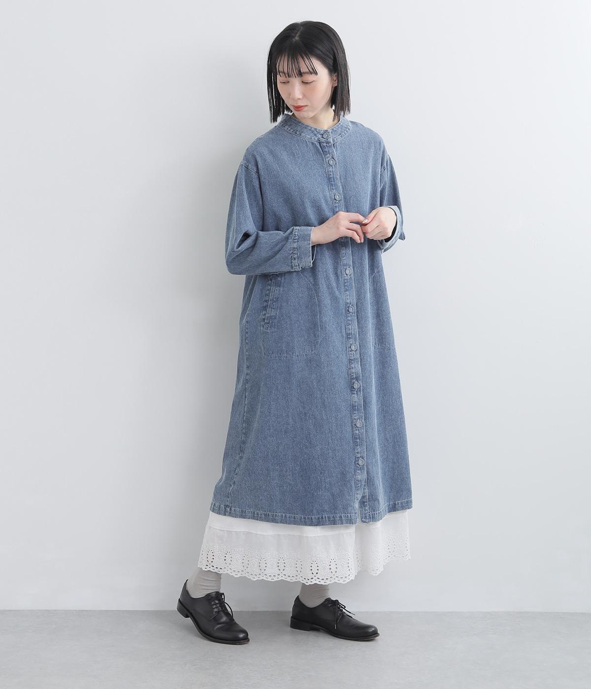 6．5OZコットンデニム　シャツワンピース(ブルー-F)