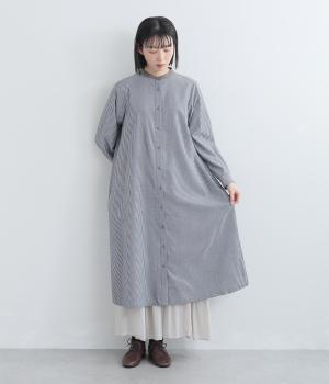 コットンストライプ　クレリックシャツワンピース(ネイビー-F)