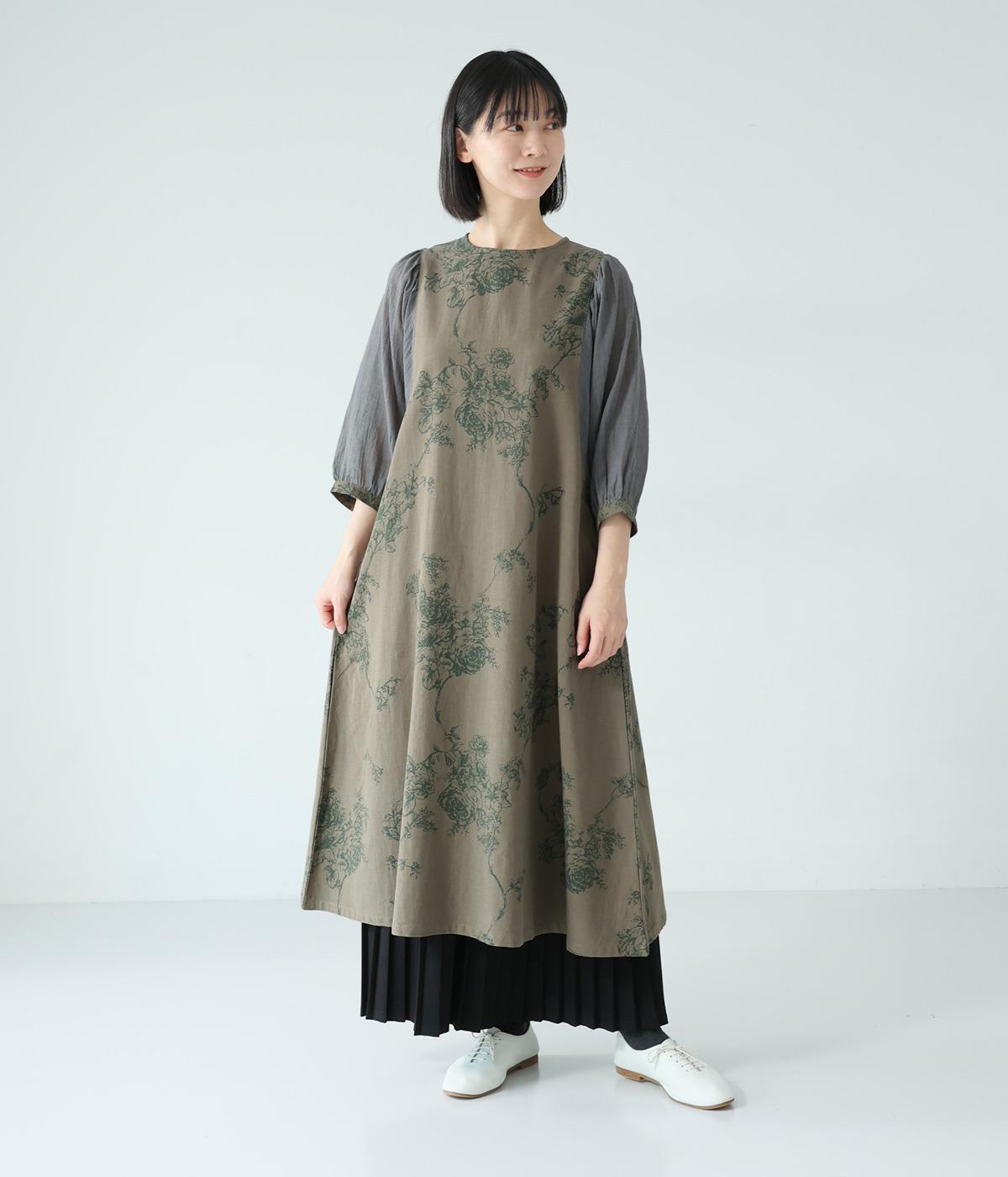 レーヨンリネン　大花プリント袖切り替えワンピース(グリーン-F)