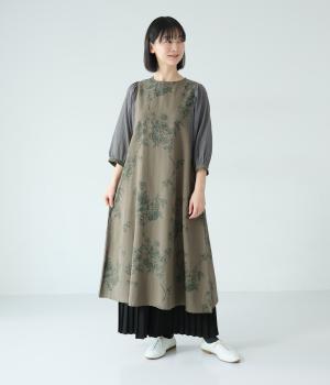 レーヨンリネン　大花プリント袖切り替えワンピース(グリーン-F)