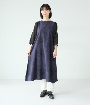 レーヨンリネン　大花プリント袖切り替えワンピース(ネイビー-F)
