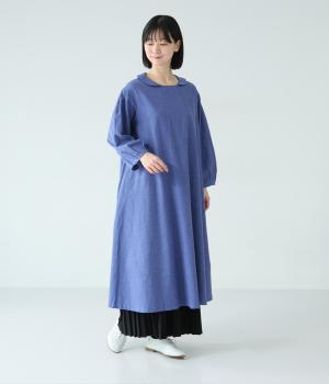リネン混コットンシャンブレー丸襟ワンピース(ブルー-F)