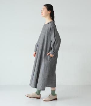 リネン混コットンシャンブレー丸襟ワンピース(ブラック-F)