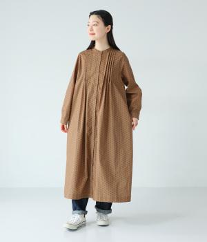 リーフ柄プリント　ピンタックシャツワンピース(キャメル-F)