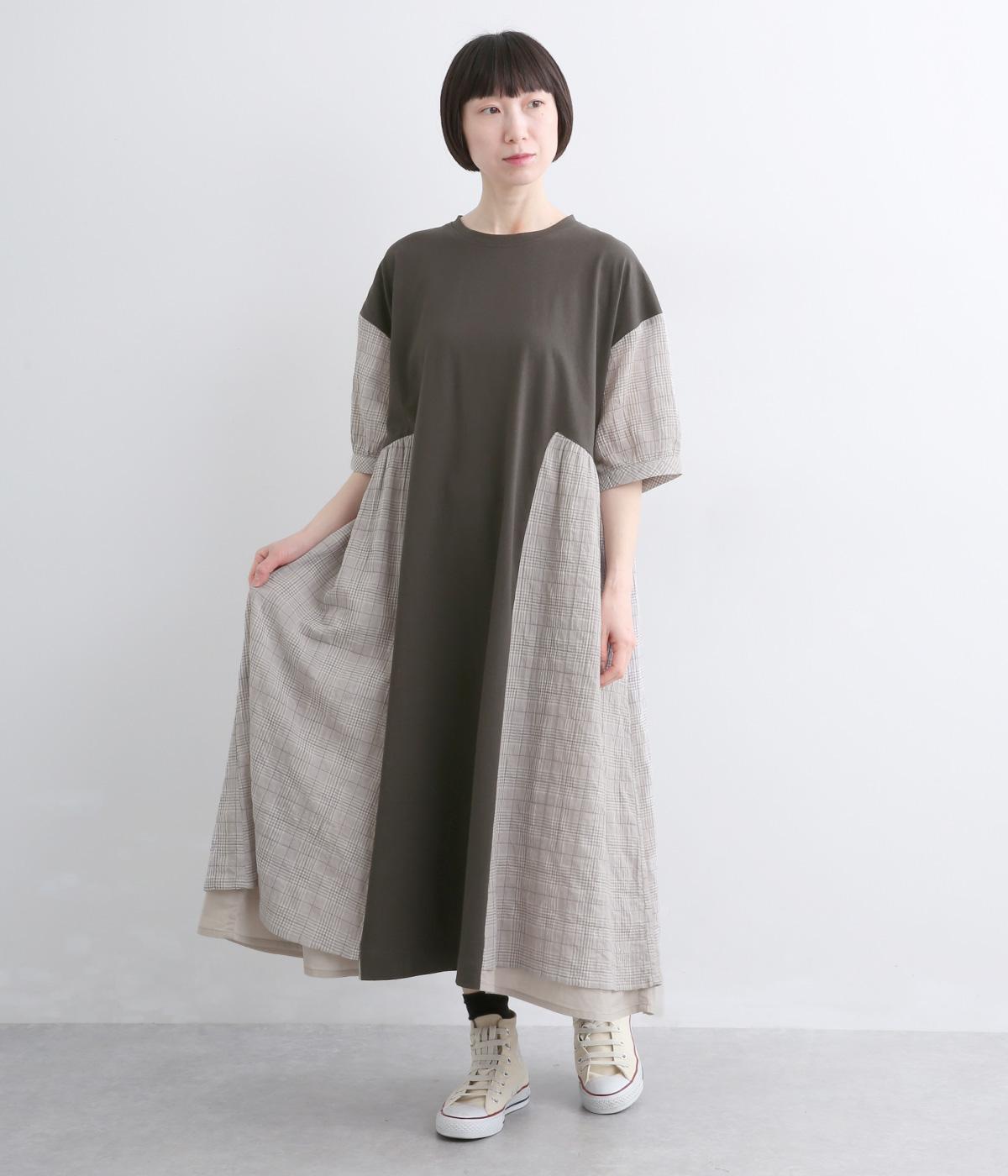 シャーリングチェック無地コンビワンピース(グレー-F)