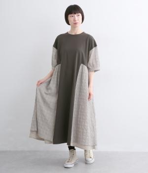 シャーリングチェック無地コンビワンピース(グレー-F)