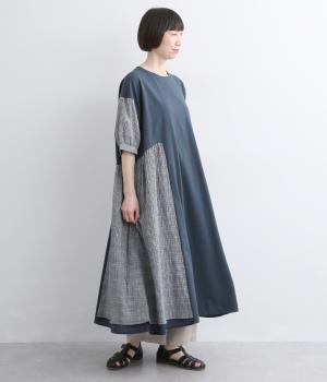 シャーリングチェック無地コンビワンピース(ネイビー-F)