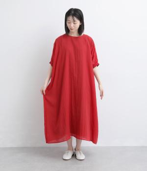 コットン混ガーゼシャンブレー　袖リブワンピース(レッド-F)