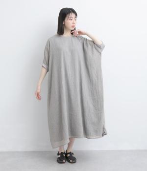 コットン混ガーゼシャンブレー　袖リブワンピース(グレー-F)