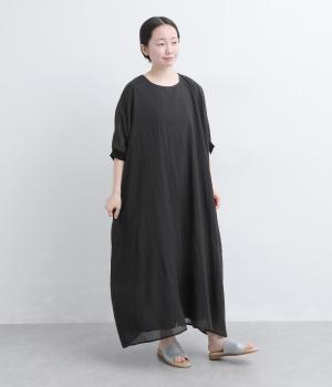 コットン混ガーゼシャンブレー　袖リブワンピース(ブラック-F)