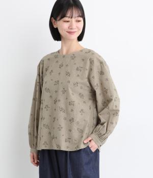 ダンガリー実りの季節刺繍ブラウス(ブラウン-F)