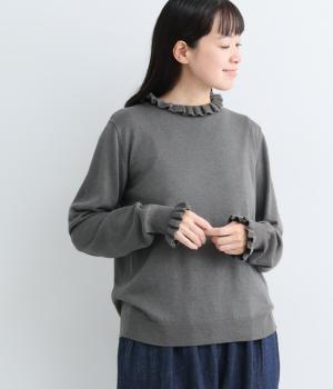 コットンレーヨンシルク襟袖フリルプルオーバー（グレー・F）