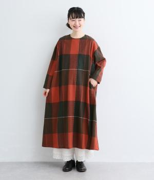 コットンリネン先染めチェックワンピース（オレンジ・F）