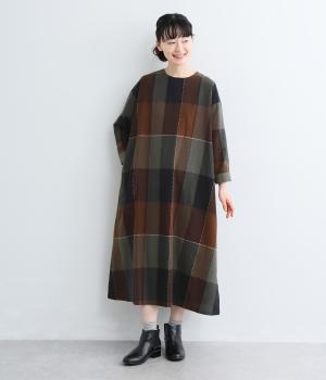コットンリネン先染めチェックワンピース（グリーン・F）