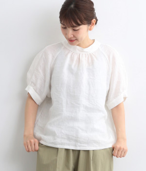 フレンチリネンキャンバスワッシャーバックタックブラウス(ホワイト-ONESIZE)