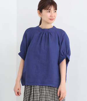 フレンチリネンキャンバスワッシャーバックタックブラウス(ブルー-ONESIZE)