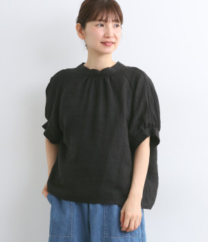 フレンチリネンキャンバスワッシャーバックタックブラウス(ブラック-ONESIZE)