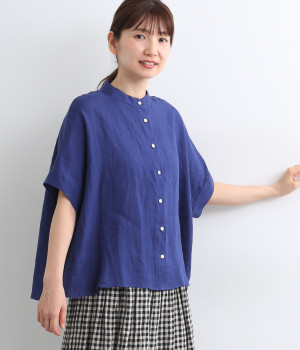 フレンチリネンキャンバスワッシャーワイドブラウス(ブルー-ONESIZE)