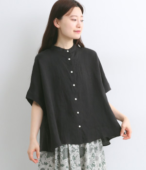 フレンチリネンキャンバスワッシャーワイドブラウス(ブラック-ONESIZE)