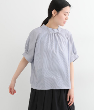 コットンストライプバックタックブラウス(細ストライプネイビー-ONESIZE)