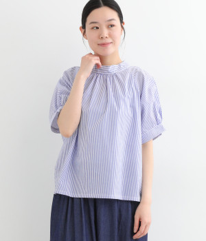コットンストライプバックタックブラウス(中ストライプブルー-ONESIZE)