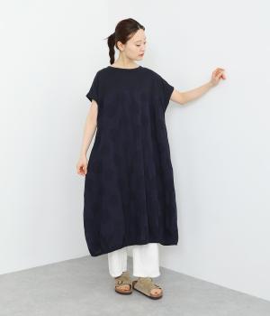 コットンリネンドットジャカードワンピース(ネイビー-ONESIZE)