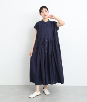 コットンインディゴヘリンボーン切替えギャザーワンピース(ネイビー-ONESIZE)