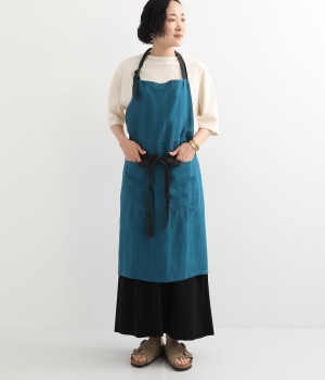 リネン　バイカラーカフェエプロン(マリンブルー-ONESIZE)