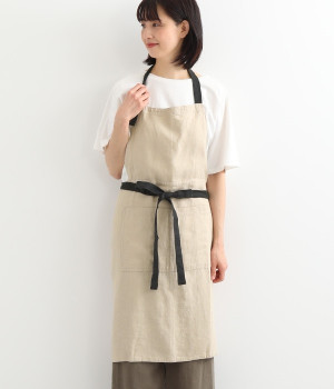 リネン　バイカラーカフェエプロン(ナチュラル-ONESIZE)