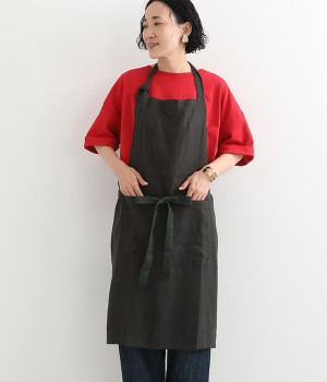リネン　バイカラーカフェエプロン(プラムグレー-ONESIZE)