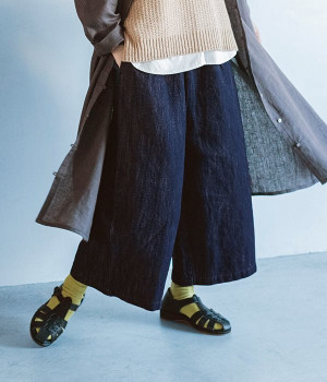 コットンリネンデニムワイドパンツ(インディゴ-ONESIZE)